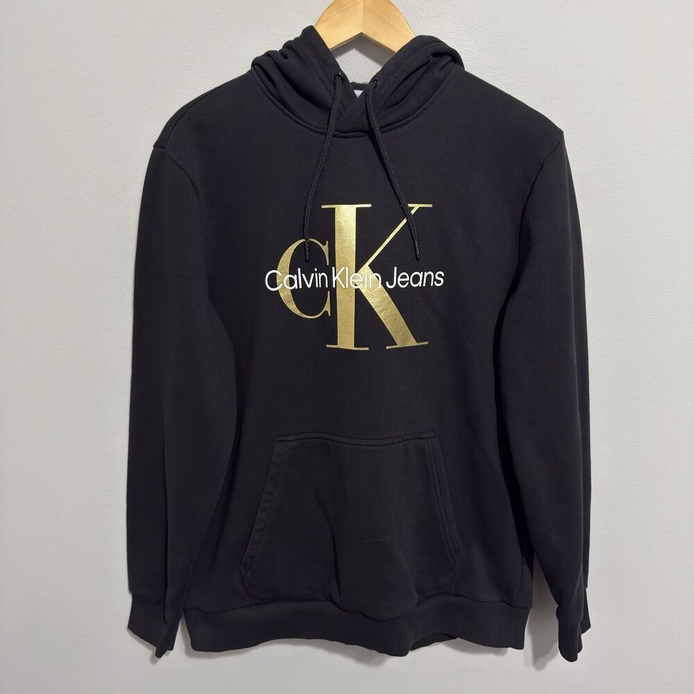 Calvin Klein Jeans Gold Foil Logo Long Sleeve Black Hooded Sweatshirt Size L